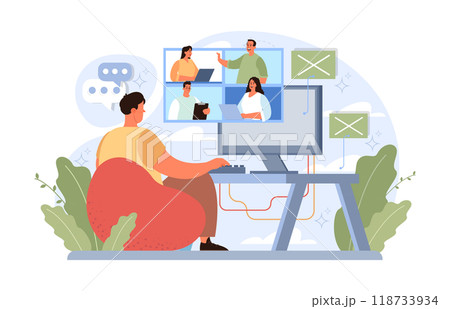 Workcation. Chatacter working away from the office. Digital nomad or freelancer working remotely and globaly. Flexible schedule, outsource technology and work tourism. Flat vector illustration 118733934