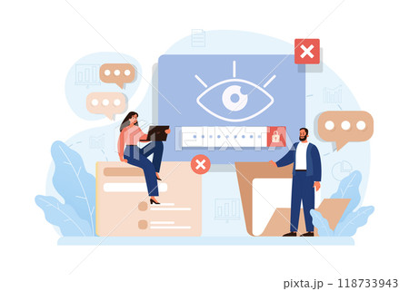 Cyber or web security set. Artificial intelligence provide data protection and database safety of a digital device. Protection of the internet access, cyber attack prevention. Flat vector illustration 118733943