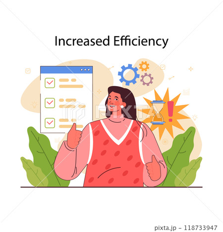 Increased efficiency. Optimization of working time of the character. Increased efficiency of employees' work. Career progress through competent time management. Flat Vector Illustration 118733947