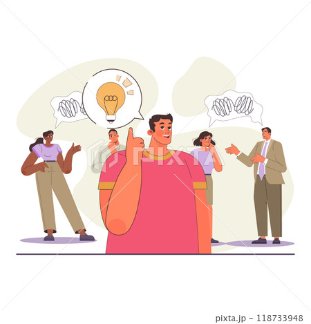 Uniqueness and individuality. Character standing out from the crowd, coming up with outstanding idea. Original idea or path to solve a problem. Flat vector illustration Uniqueness and individuality. Character standing out from the crowd, coming up with outstanding idea. Original idea or path to solve a problem. Flat vector illustration 118733948