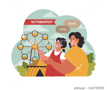 Oktoberfest festival. Cheerful Bavarian people or tourists. Family holiday on a fete or fair. Mom and daughter at amusement park. Traditional annual carnival in Germany. Flat vector illustration 118733950