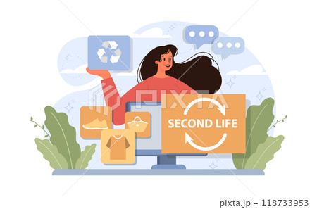 Conscious consumption. Character with eco-friendly life-style. Sustainable practice in the daily life. Zero waste. Upcycling or reuse of old clothes. Fast fashion effect. Flat vector illustration Conscious consumption. Character with eco-friendly life-style. Sustainable practice in the daily life. Zero waste. Upcycling or reuse of old clothes. Fast fashion effect. Flat vector illustration 118733953