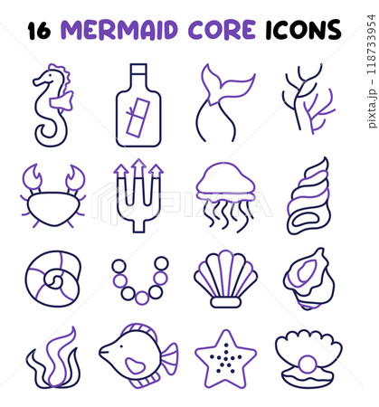 Mermaid icons set. Magical undersea world, seashell, starfish, corals and seaweed. Underwater fairy marine elements and ocean creatures. Flat vector illustration 118733954