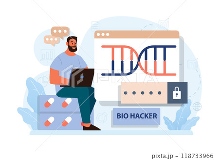 Biohacking. Health' engineering and improving with modern monitoring system, supplements, diet, and lifestyle changes. Human biological well-being and youth maintaining. Flat vector illustration Biohacking. Health' engineering and improving with modern monitoring system, supplements, diet, and lifestyle changes. Human biological well-being and youth maintaining. Flat vector illustration 118733966