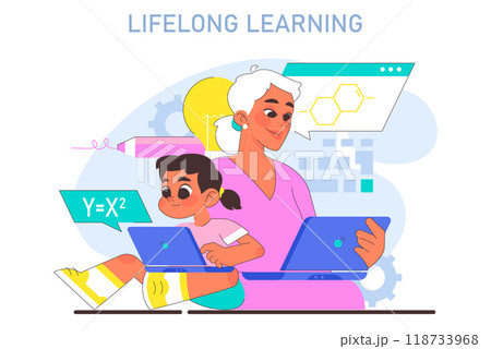 Lifelong learning. Modern education methodic. Online educational ecosystem and digital technologies. People of different ages studying online. Flat vector illustration Lifelong learning. Modern education methodic. Online educational ecosystem and digital technologies. People of different ages studying online. Flat vector illustration 118733968