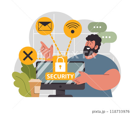 Cyber or web security set. Artificial intelligence provide data protection and database safety of a digital device. Protection of the internet access, cyber attack prevention. Flat vector illustration 118733976