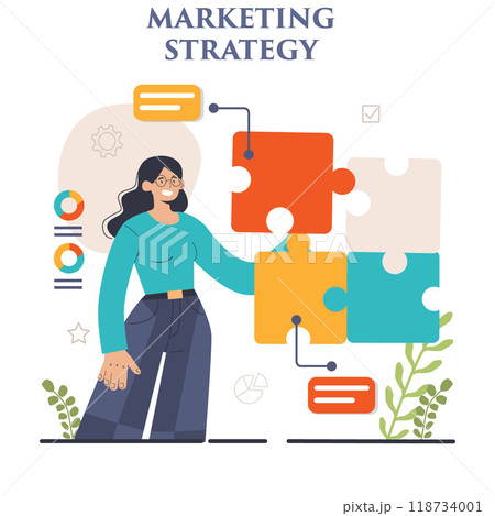 Marketing strategy development. Marketing campaign, commercial project launching and promotion. Specialist working on marketing strategies for business development. Flat vector illustration 118734001