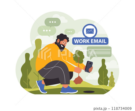 Workcation. Chatacter working away from the office. Digital nomad or freelancer working remotely and globaly. Flexible schedule, outsource technology and work tourism. Flat vector illustration Workcation. Chatacter working away from the office. Digital nomad or freelancer working remotely and globaly. Flexible schedule, outsource technology and work tourism. Flat vector illustration 118734009