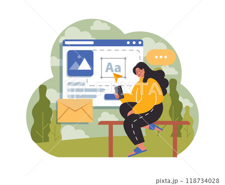 Workcation. Chatacter working away from the office. Digital nomad or freelancer working remotely and globaly. Flexible schedule, outsource technology and work tourism. Flat vector illustration 118734028