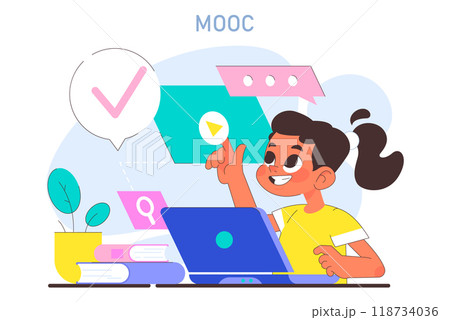 MOOC. Massive open online course. Modern approach to learning new information. Multidisciplinary knowledge gaining for children potential development. Flat vector illustration 118734036
