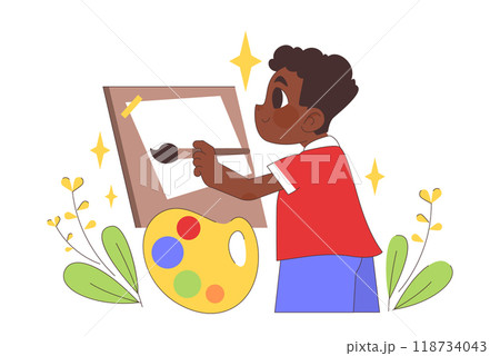Back to school. Children doing school subject research. Happy boy making art, drawing a picture on a easel. Multidisciplinary studying, academic knowledge gaining. Flat vector illustration 118734043