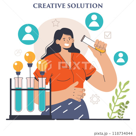 Finding a solution. Generation of a creative idea in a brainstorm. Character coming up with innovative strategy or way to solve a problem or find the answer. Flat vector illustration Finding a solution. Generation of a creative idea in a brainstorm. Character coming up with innovative strategy or way to solve a problem or find the answer. Flat vector illustration 118734044