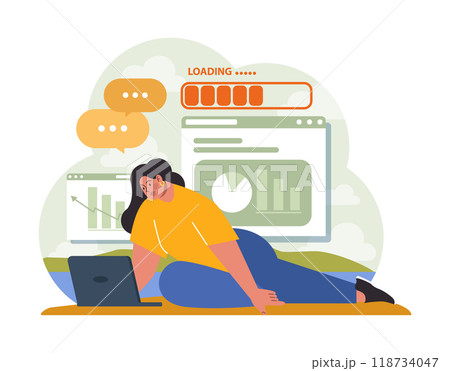 Workcation. Chatacter working away from the office. Digital nomad or freelancer working remotely and globaly. Flexible schedule, outsource technology and work tourism. Flat vector illustration 118734047