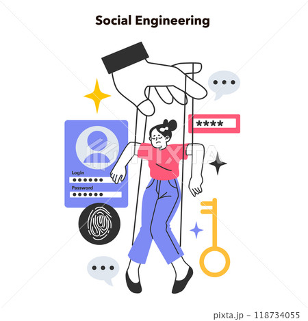 Social engineering. Psychological manipulation technique exploiting human error to gain private information, access, or valuables. Flat vector illustration Social engineering. Psychological manipulation technique exploiting human error to gain private information, access, or valuables. Flat vector illustration 118734055