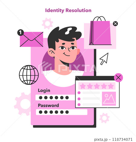 Identity resolution. Process of customer data management. User or consumer online behavior analytics and web identity building. Marketing srategy building. Flat vector illustration 118734071
