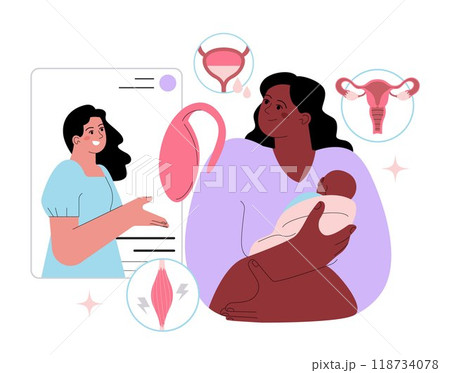FEMTECH. Technology and product for woman's health. Pelvic floor prolapse prevention, introvaginal trainers to strengthen inner muscles. Postpatrum health support. Flat vector illustration 118734078