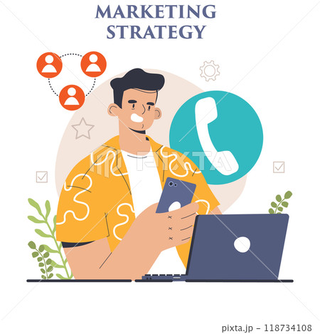 Marketing strategy development. Marketing campaign, commercial project launching and promotion. Specialist working on marketing strategies for business development. Flat vector illustration 118734108