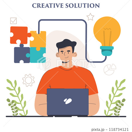 Finding a solution. Generation of a creative idea in a brainstorm. Character coming up with innovative strategy or way to solve a problem or find the answer. Flat vector illustration 118734121