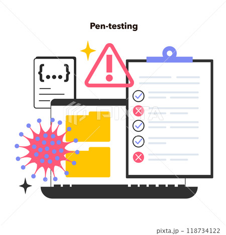 Pentesting. Cyber or web security technology. Digital data protection and database safety. Bugs correction and cyberattack prevention. Flat vector illustration 118734122