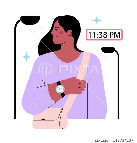 FEMTECH. Technologies for women's wellbeing and security. Girl walking on the streets late at night. Sexual assault and harassment prevention device. SOS button. Flat vector illustration FEMTECH. Technologies for women's wellbeing and security. Girl walking on the streets late at night. Sexual assault and harassment prevention device. SOS button. Flat vector illustration 118734137