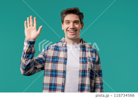 Friendly mature american Young Man Waving Hand - Hello, Hi, Salute. Greetings. Friendly mature american Young Man Waving Hand - Hello, Hi, Salute. Greetings. 118734566