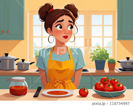 Flat Illustration of a Woman Pondering a Recipe in a Pastel Kitchen. Thoughtful Woman in Cozy Kitchen Contemplating Meal Ideas Flat Illustration of Everyday Cooking Flat Illustration of a Woman Pondering a Recipe in a Pastel Kitchen. Thoughtful Woman in Cozy Kitchen Contemplating Meal Ideas Flat Illustration of Everyday Cooking 118734997