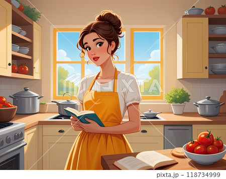 Thoughtful Home Cook Planning Meal in Cozy Kitchen. Culinary Dilemma: Puzzled Woman in Yellow Sundress Contemplating Recipes 118734999