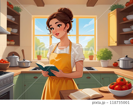 Stylized flat illustration of a thoughtful woman standing in a cozy, modern kitchen, surrounded by open recipe books and scattered utensils, with a puzzled expression on her round, caramel-colored 118735001