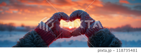 Hands forming a heart shape against a stunning sunset in a snowy landscape. 118735481