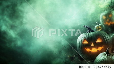 Green Halloween background with pumpkin and smoke. grunge wallpaper for design holiday party 118735635