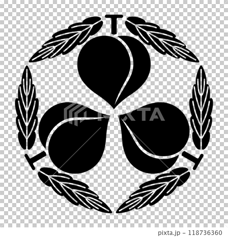三個帶葉子的桃子。日本家族徽章向量圖示插畫。 三個帶葉子的桃子。日本家族徽章向量圖示插畫。 118736360
