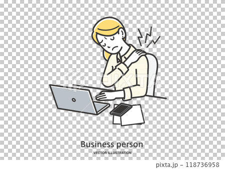 A female office worker who suffers from stiff shoulders while working on a computer 118736958