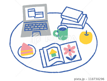 テーブル上にパソコンと食べ物がある風景_色 118738296