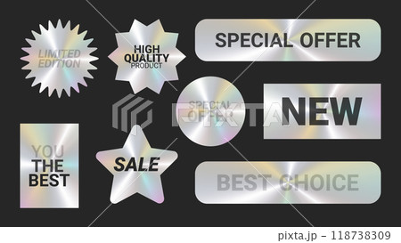 Holographic stickers logos emblem labels color set dark background. For packaging product of promotional material. Sticker for clothes or accessories. Vector illustration. 118738309