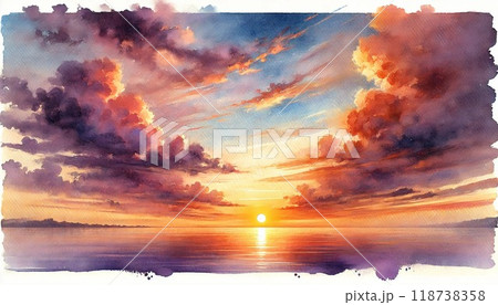 風景画　有明海の夕日　原画 幻想的な夕焼け空と海のハーモニーを描いた水彩画風イラストの