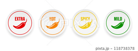 Realistic Vector Round Stickers with Spicy Chili Pepper Icon, Food Spicy Level. Red, Orange, Yellow, Green Jalapeno Pepper Strength Scale Sticker Indicators with Mild, Spicy, Hot and Extra Positions 118738378