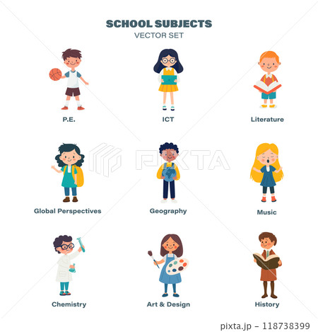 Flat Cartoon School Kids Subject Stickers - Science, Literature, Geography. Vector Illustration for Education and Learning. Colorful Minimalist School Sticker Design Template 118738399