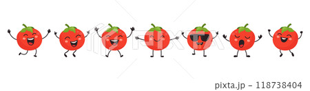 Flat Vector Cartoon Cute and Funny Tomato Character. Dancing, Smiling, Happy, Singing Tomato with Different Faces and Emotions. Tomato Icon, Logo, Vector Illustration in Kawaii Style Flat Vector Cartoon Cute and Funny Tomato Character. Dancing, Smiling, Happy, Singing Tomato with Different Faces and Emotions. Tomato Icon, Logo, Vector Illustration in Kawaii Style 118738404