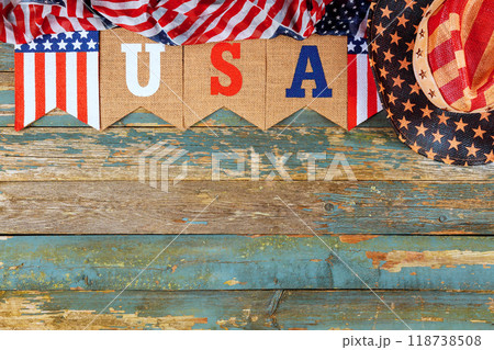 Holiday banner with flag of US is Symbols of America inscription USA Holiday banner with flag of US is Symbols of America inscription USA 118738508