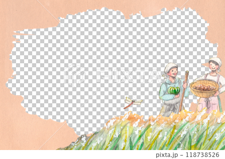 Watercolor background illustration of farmers rejoicing in the autumn harvest and an autumn landscape 118738526