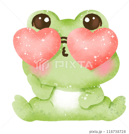 A watercolor hand drawn cute illustration for love valentines day invitations greetings heart printable a frog wearing heart shaped sunglasses  118738728