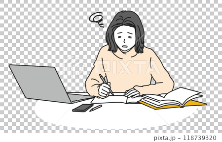 A simple illustration of a woman struggling with desk work 118739320