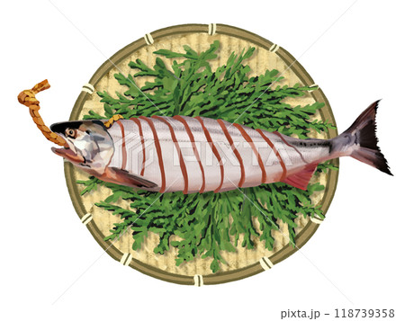 新巻鮭（切り身）ザル、ヒノキの葉付き 118739358