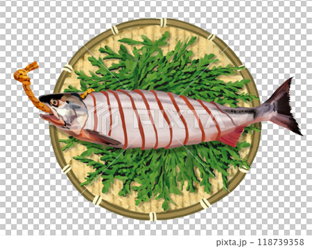 新巻鮭（切り身）ザル、ヒノキの葉付き 118739358