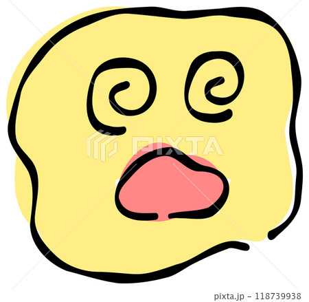 手書き風の目がぐるぐる回る顔の絵文字。黄色を基調としたシンプルでかわいいデザインが特徴です。おしゃれ 118739938