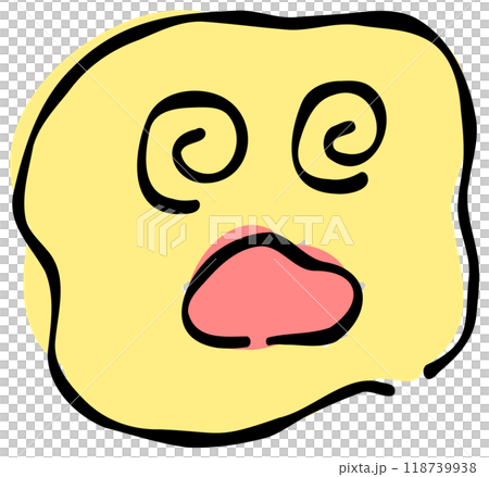 手書き風の目がぐるぐる回る顔の絵文字。黄色を基調としたシンプルでかわいいデザインが特徴です。おしゃれ 118739938