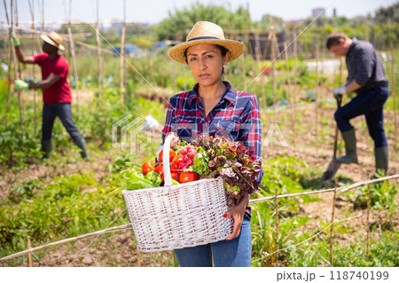 Happy latino farmer with basket of vegetables in the garden Happy latino farmer with basket of vegetables in the garden 118740199