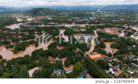 Aerial view of the suburb of Chiang Rai province flooding by Kok river after typhoon Yagi has swept Southeast Asia. 118740944