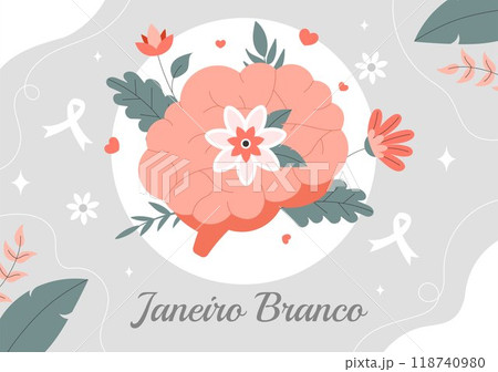 Janeiro Branco Translation of a White January Mental Health Awareness Month Vector Illustration with a Symbol the Brain and Flowers in Flat Background 118740980