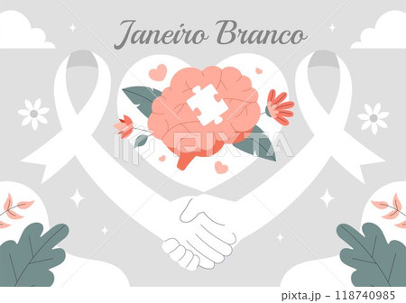 Janeiro Branco Translation of a White January Mental Health Awareness Month Vector Illustration with a Symbol the Brain and Flowers in Flat Background 118740985